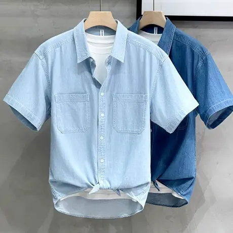 夏季日系复古纯色宽松工装短袖牛仔衬衫男潮牌薄款韩版中袖衬衣男商品大图