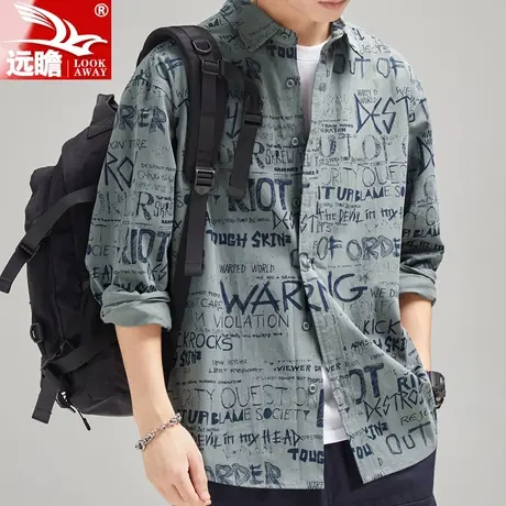 衬衣男士长袖春秋季2023新款衬衫纯棉翻领休闲港风工装外套男上衣图片