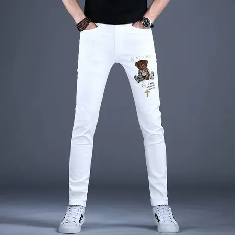 烫钻秋冬男款白色牛仔裤男小熊刺绣花修身小脚裤子男高端潮牌夏天商品大图