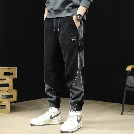撞色拼接运动裤男春秋2024新款束脚男士灯芯绒休闲裤子大码春季厚商品大图