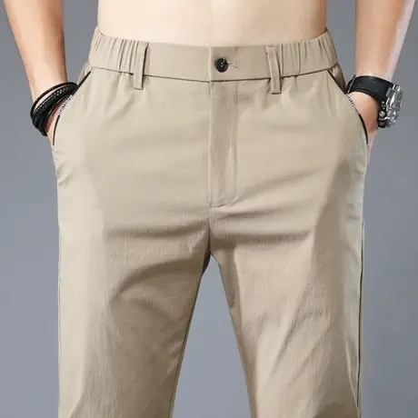松紧腰卡其色休闲裤男宽松直筒夏季薄款冰丝格子西服西装西裤商务商品大图