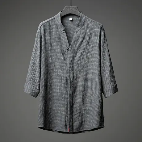 夏季薄款冰丝五分袖方领衬衫宽松气质T恤中国风男青年禅修居士服图片