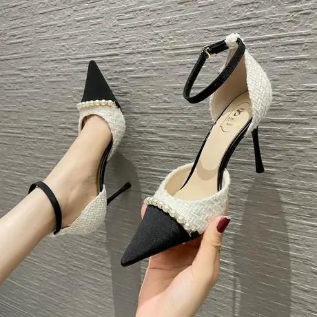2024夏秋季新款尖头细跟拼接撞色高跟鞋女一字带气质名媛宴会鞋商品大图