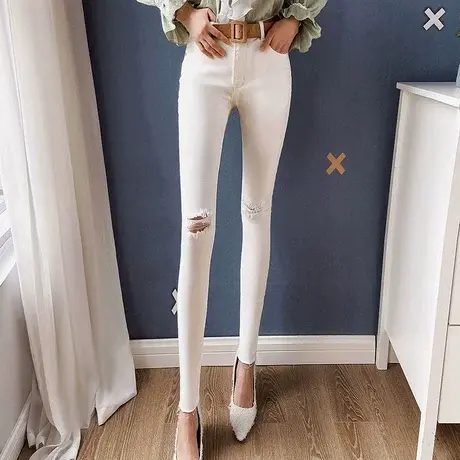 粉红大布娃娃休闲破洞白色弹力牛仔裤女休闲长裤百搭2022新款图片