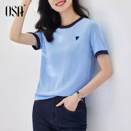 OSA欧莎 纯色短袖冰丝针织衫女薄款夏季2023年新款显瘦套头上衣商品大图