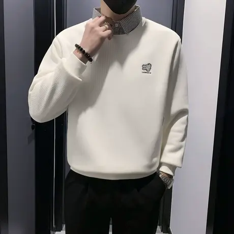 设计感假两件加绒卫衣男秋冬2023新款刺绣条纹衬衫领加厚内搭上衣商品大图