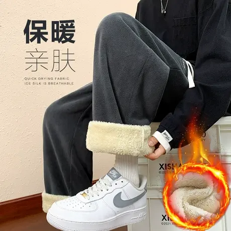 男装冬季加棉加厚羊羔绒休闲裤子秋冬款加绒保暖阔腿灰色运动卫裤图片
