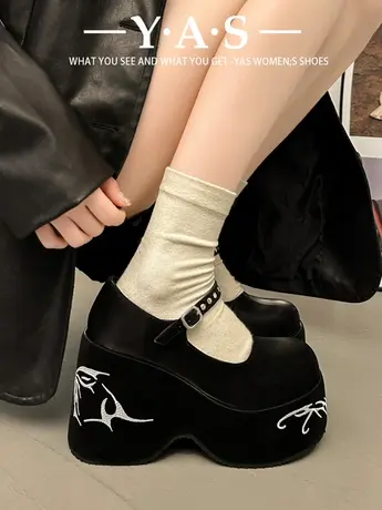 原创设计感蝴蝶刺绣厚底玛丽珍鞋女2024春季新款增高黑色小皮鞋商品大图