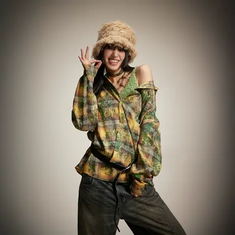 潮牌街头嘻哈扎染格子衬衫女2024年新款春秋复古宽松oversize衬衣图片