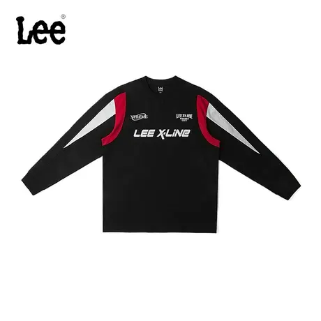 Lee24早春新品舒适版赛车元素字母印花插肩袖圆领黑色男长袖T恤潮图片