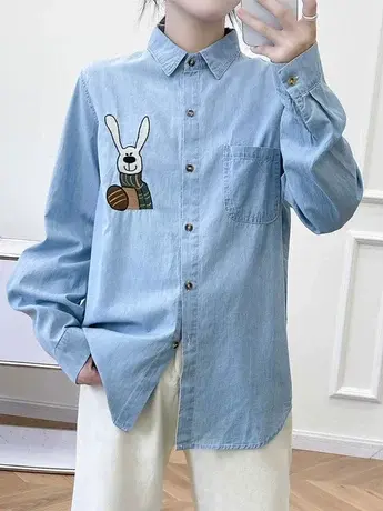 牛仔衬衫女设计感小众早春新款复古港味衬衣宽松长袖刺绣上衣外套商品大图