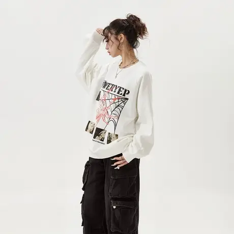 YEP美式复古印花圆领卫衣女春秋2024新款套头情侣装宽松无帽上衣商品大图