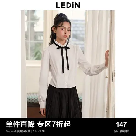 乐町花边领气质白色长袖衬衫女冬季新款丝绒系带磨毛内搭衬衣商品大图