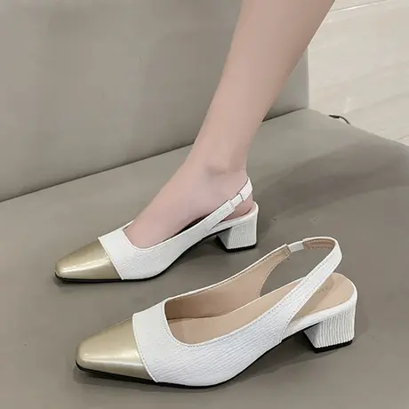 小香风粗跟高跟鞋法式小凉鞋女2024春夏季新款气质方头配裙子单鞋图片