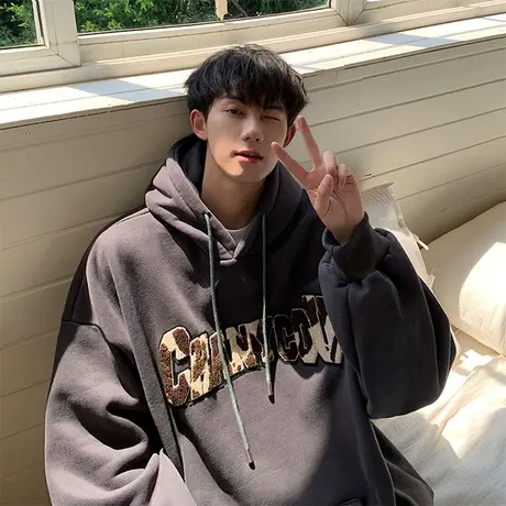 潮流植绒字母百搭连帽卫衣男秋冬季ins机能港风长袖套头休闲衣服商品大图