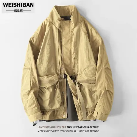 潮牌设计感假两件立领工装外套男春秋季时尚拼接百搭复古廓形夹克图片