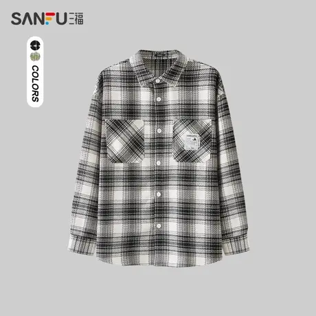 三福2024春季男士渐色小香风长衬衫 时尚格纹翻领上衣男482354商品大图