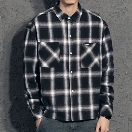 奕飏格子衬衫男韩版潮流 落肩宽松长袖衬衣 纯棉磨毛秋装上衣外套商品大图