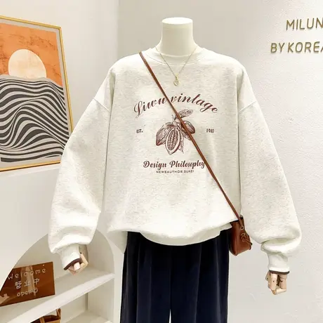 ins韩系简约慵懒风上衣~2024韩代新款粉色柠檬印花卫衣大码显瘦商品大图