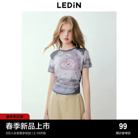 乐町甜美少女感满印蛋糕T恤2024早春新款舒适透气网纱内搭上衣图片