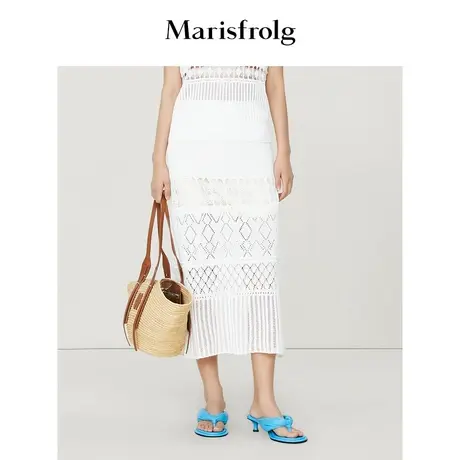 【商场同款】玛丝菲尔2023年夏季新款白色镂空菱形格针织半身裙图片