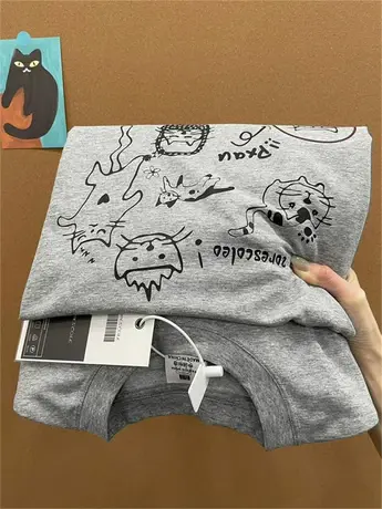 日系复古印花灰色短袖t恤女夏2024新款设计感小众宽松半袖上衣服商品大图