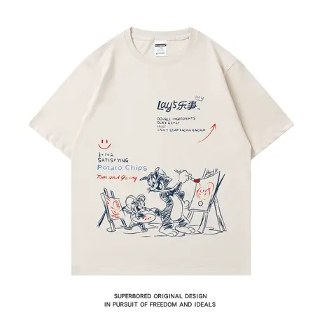 美式潮流涂鸦短袖T恤男ins港风青少年宽松休闲纯棉短袖半袖体恤商品大图