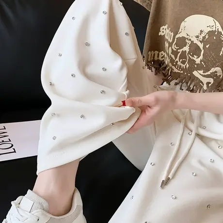 白色重工钉珠窄版阔腿裤女春夏季高腰显瘦宽松休闲直筒垂感拖地裤商品大图