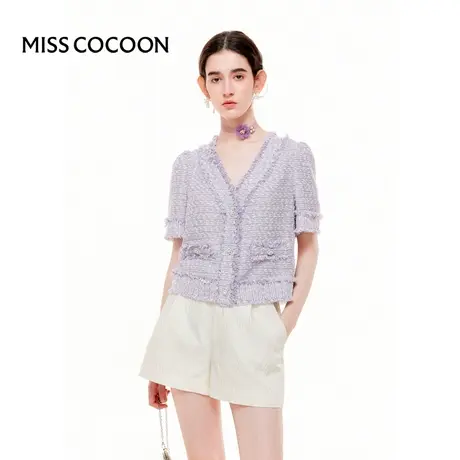 MISSCOCOON【莫奈花园】24春夏新款肌理感小香风V领短袖外套商品大图