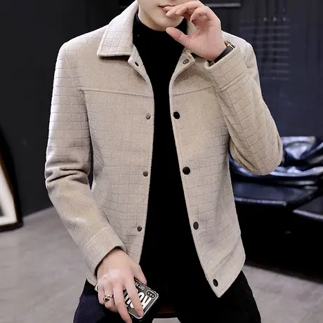 秋冬季韩版仿水貂绒男潮流短款加绒加厚夹克男装毛呢大衣痞帅外套商品大图