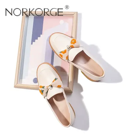 2023新款原创粗跟厚底仙女风米白色乐福鞋女鞋真皮圆头蝴蝶结单鞋图片