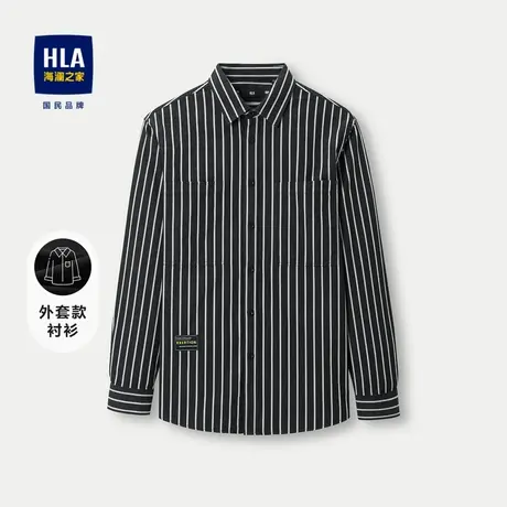 HLA/海澜之家时尚条纹休闲衬衫2023秋季新款纯棉外套款宽松长衬男图片
