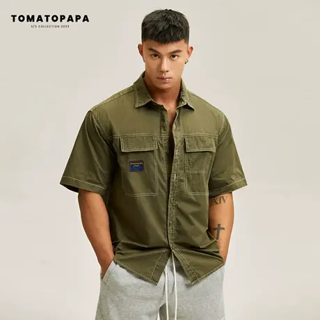 TOMATOPAPA新款短袖衬衫双口袋工装风翻领扣纯色棉开衫外套上衣男商品大图