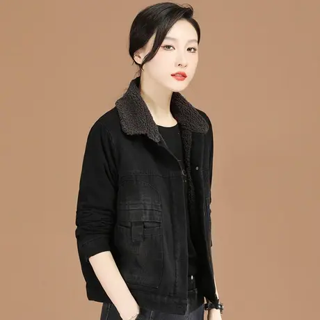 韩潮袭人毛领加绒牛仔女士短外套2023冬季百搭显瘦加厚黑色棒球服图片