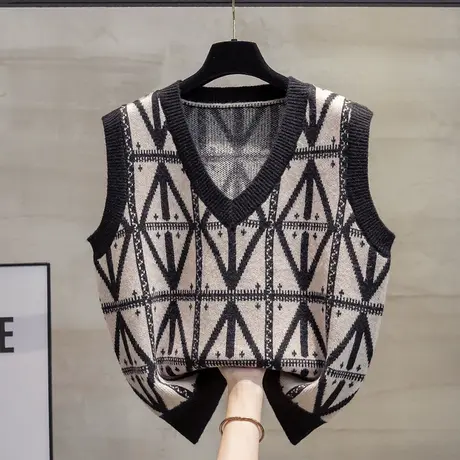 菱形v领针织马甲背心女2023秋装新款宽松外穿马夹叠穿厚毛衣坎肩商品大图