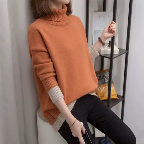 高领红色毛衣女加厚打底衫2023秋冬新款宽松假两件针织衫内搭上衣商品大图