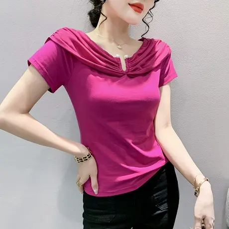 欧货一字领T恤女短袖洋气设计感小众上衣别致百搭小衫修身半袖夏商品大图
