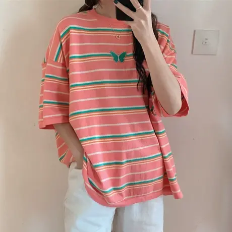 网红港风短袖t恤女条纹宽松韩版原宿bf慵懒风ins超火chic上衣服潮商品大图