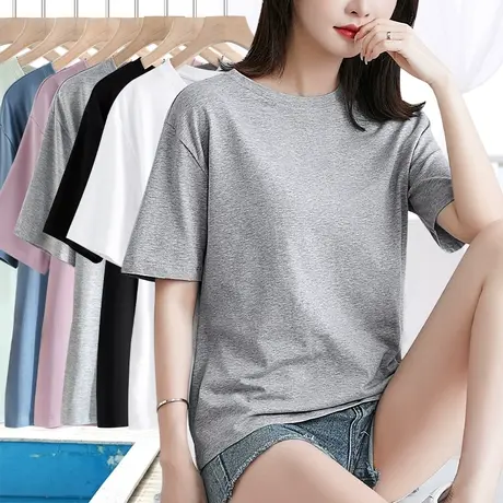夏装2023女装新款灰色短袖t恤女圆领半袖纯色宽松纯棉百搭上衣图片