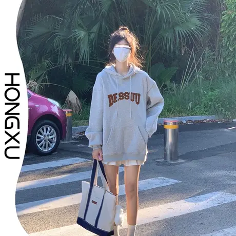 红续美式复古简约字母印花卫衣女2023年秋冬新款加绒连帽上衣百搭图片