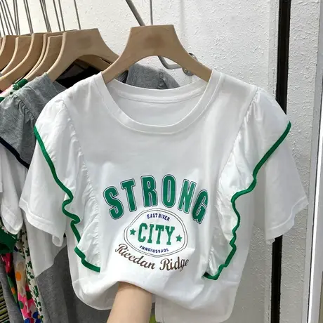 短袖t恤女2021夏季新款韩版ins潮撞色设计感宽松荷叶边洋气上衣服图片