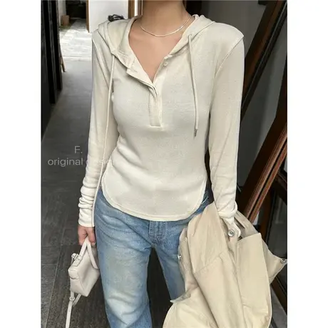 十三行韩版时髦长袖连帽衫t恤女秋季修身显瘦百搭打底衫内搭上衣商品大图