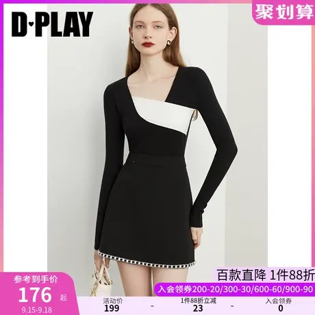 DPLAY秋装新款通勤黑白撞色不规则斜搭领修身针织打底毛衣商品大图