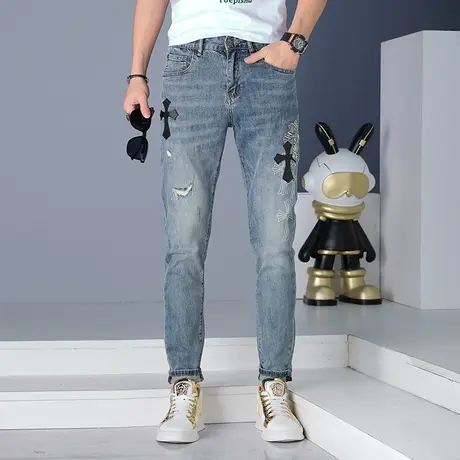 破洞牛仔裤男士修身休闲春夏深蓝色时尚韩版潮流百搭薄款小脚裤图片