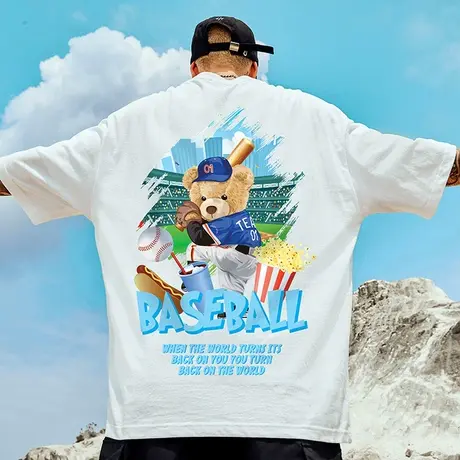 男士短袖2023新款小熊T恤男夏季潮流宽松半袖ins大码潮牌上衣体恤商品大图