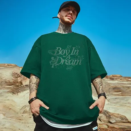 摩严2023绿色大码男装重磅胖子体恤加肥加大字母宽松短袖T恤半袖商品大图