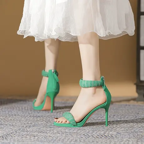 法式一字扣带细跟凉鞋女2023年夏季新款性感露趾百搭仙女风高跟鞋图片