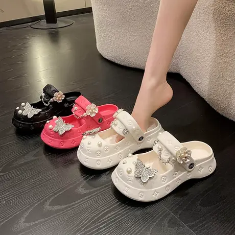 拖鞋女夏季外穿高级感包头踩屎感蝴蝶花朵2023年新款软底两穿凉拖商品大图