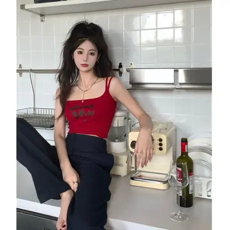 带胸垫小吊带背心女内搭春夏季红色性感辣妹无袖美背外穿打底上衣商品大图