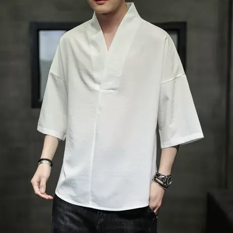 2021秋季冰丝t恤男士短袖冰感天丝体恤半袖复古汉服半袖茶服上衣图片